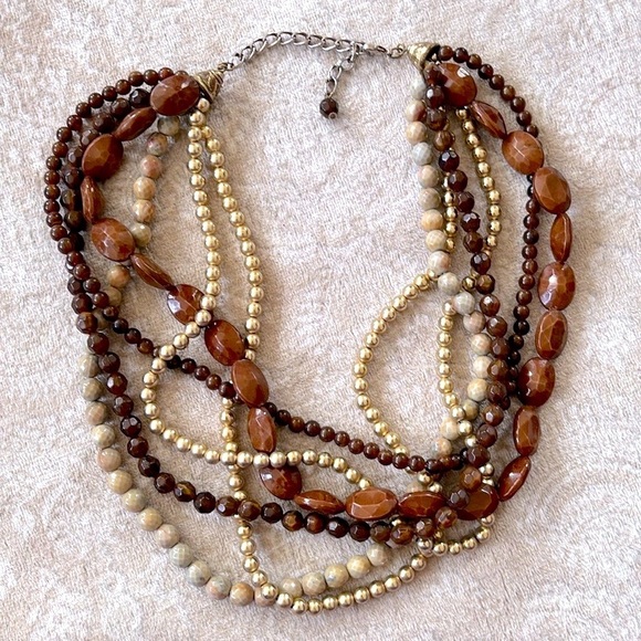 Multi-Strand Beaded Brown & Gold Tone Beaded Statement Necklace Adjustable - Picture 6 of 15
